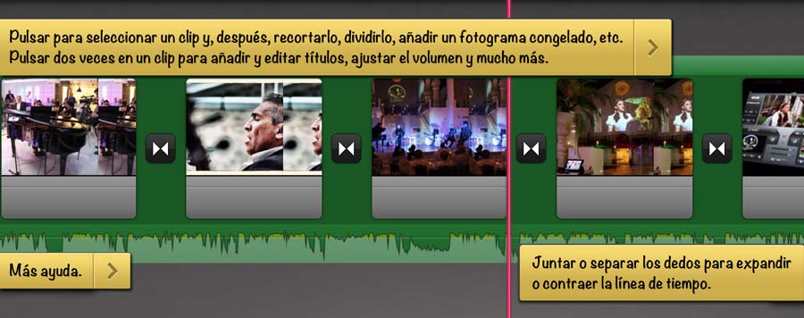 Ventana de línea de tiempo en iMovie iPad