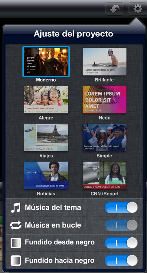 Ajustes y Temas disponibles en iMovie para iOS