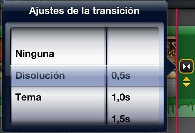 Menú de transiciones iMovie iOS