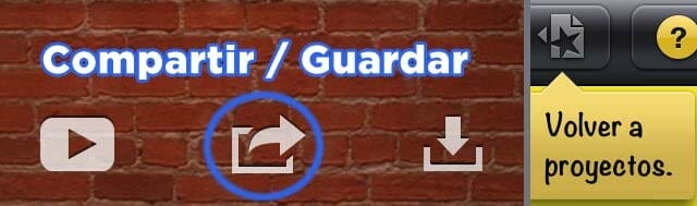 Botón de volver a proyectos y compartir o guardar iMovie iOS