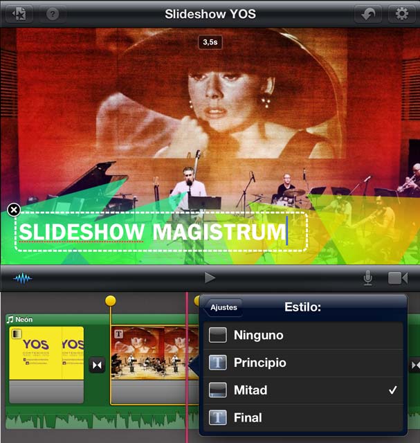 Menú de titulación en iMovie iOS iPad