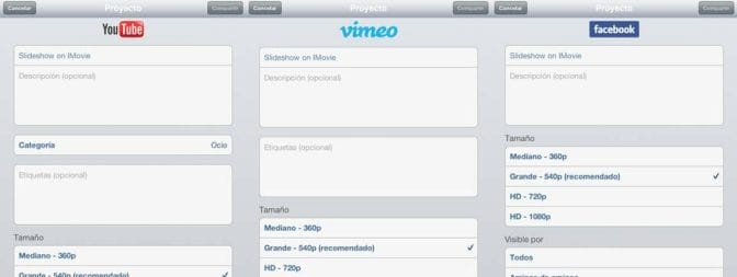 Formularios de YouTube, Vimeo y Facebook al compartir desde iMovie iOS iPad
