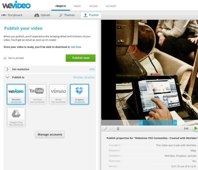 Opciones de publicación WeVideo