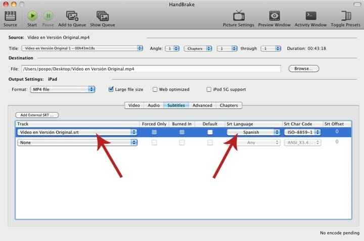 Seleccionando idioma de subtítulo en Handbrake