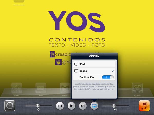 Pantalla del iPad para configurar el airplay