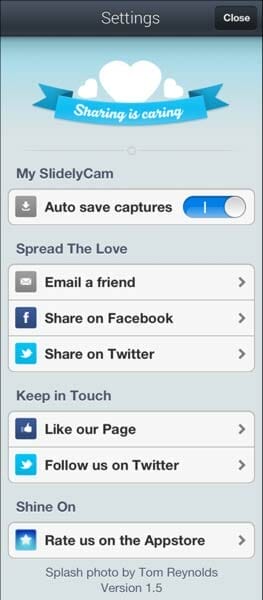 Opciones de redes sociales en SlidelyCam