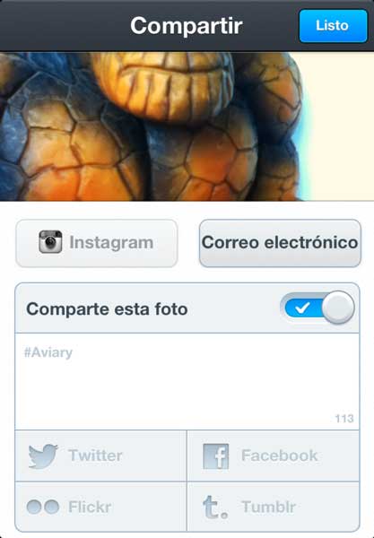 Cómo compartir el resultado del retoque con Photo Editor de Aviary