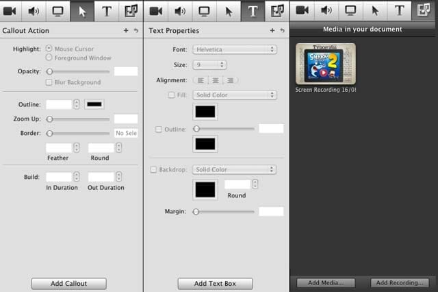 Propiedades del editor de vídeo: Cursor, Texto y Media