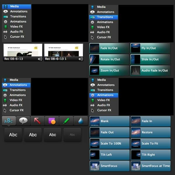 Camtasia posibilidades de personalización de transiciones, textos, llamadas...