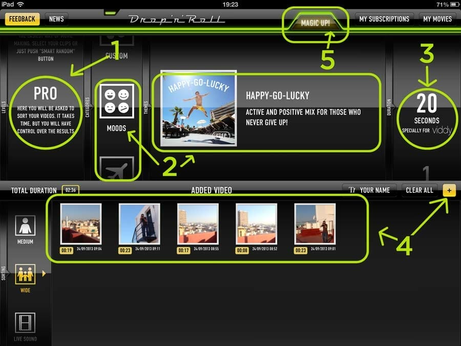 Ventana de selección de vídeos Pro en Drop 'n' Roll