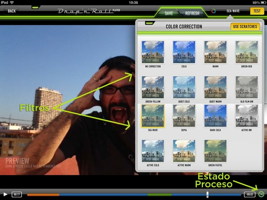 Espera a que se procese el vídeo al 100% y entonces podrás aplicar los filtros en Drop 'n' roll