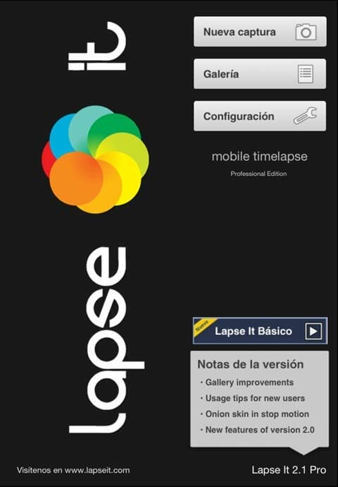 Imagen de la pantalla de incio de Lapse It Pro, aplicación para hacer Time Lapse en Android y en iOS