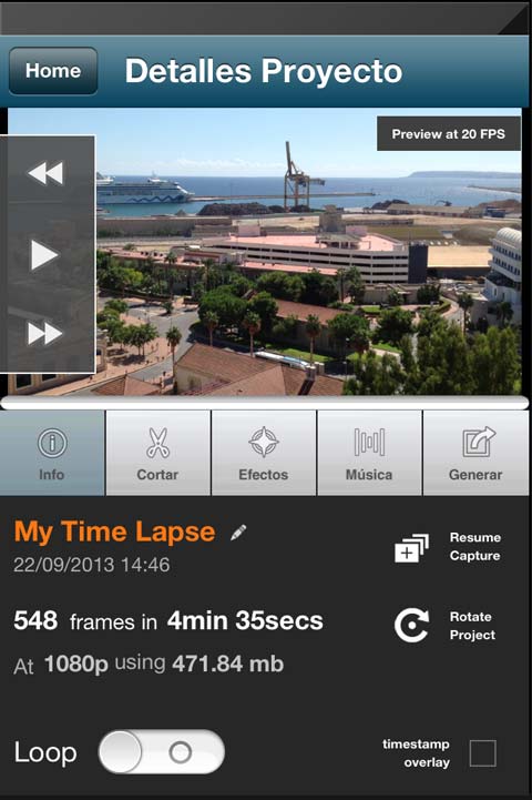 Lapse It Pro ventana de detalles de proyecto