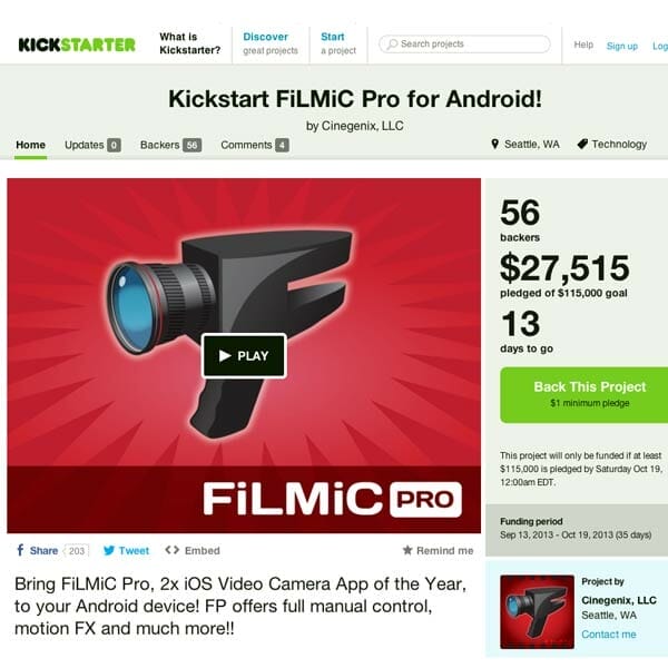 Imagen del crowfounding de FiLMiC Pro en KickStarter - App para grabar video Android