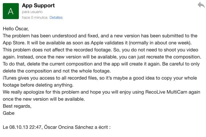 Mail de respuesta de soporte de Recolive Multicam