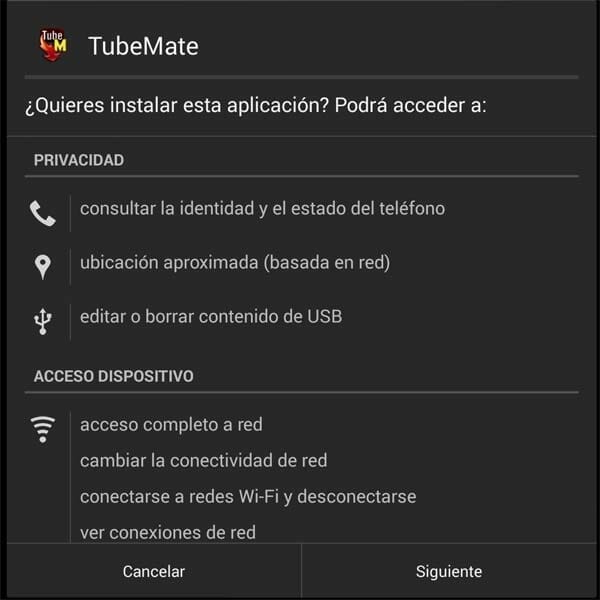 App TubeMate de Android para descargar vídeos de YouTube - Permisos de Instalación en sistema