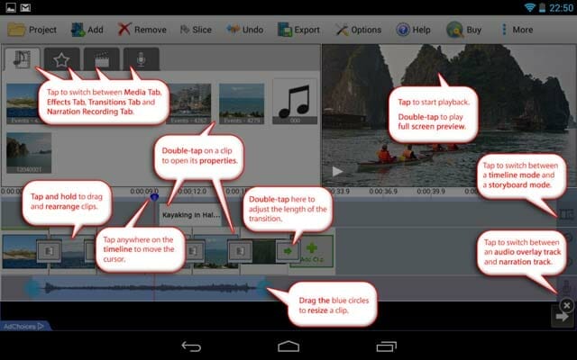 Editor de vídeo para Android - VideoPad - ventana de ayuda
