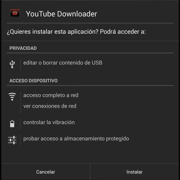 App YouTubeDownloader de Android para descargar vídeos de YouTube - Permisos de Instalación en sistema