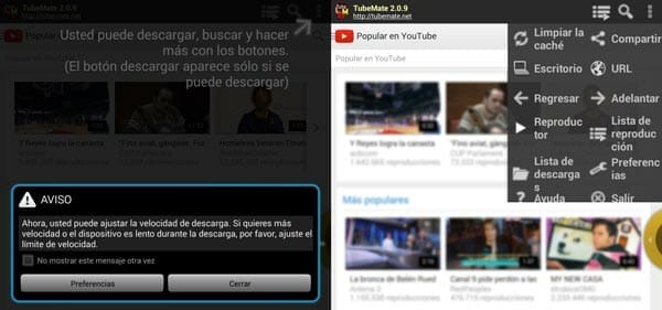 App TubeMate de Android para descargar vídeos de YouTube - Menú de uso