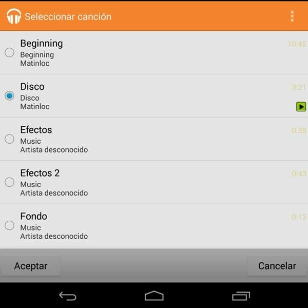 Canciones a elegir en VIdeoPad para Android