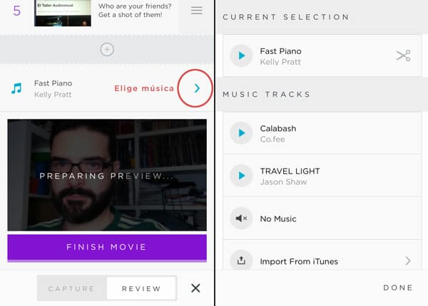 Directr te permite añadir una pista de audio del propio tema o la que importes desde tu bliblioteca