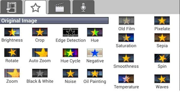 Listado de FX para vídeo en VideoPad para Android