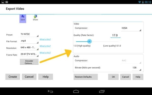 Configuración de la compresión final del vídeo VideoPad