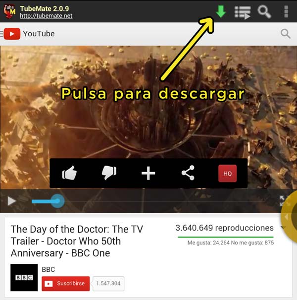 Puedes pulsar en la flecha verde para descargar el fichero de vídeo en TubeMate