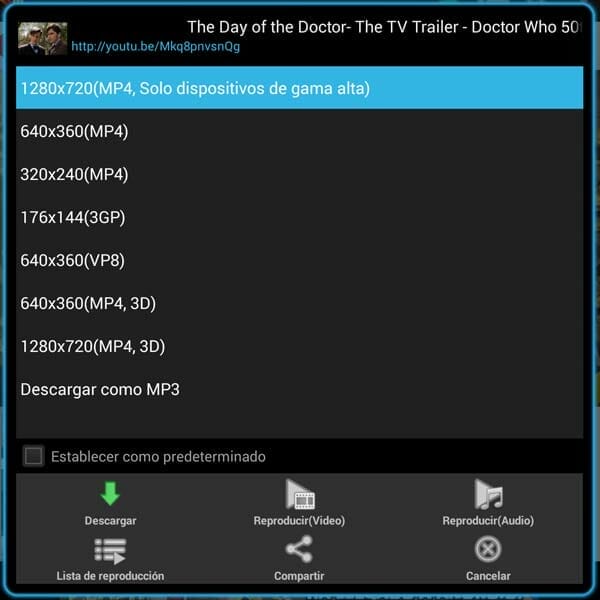 Posibilidades de formato a elegir para descargarnos el fichero