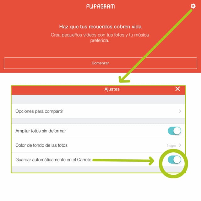 Flipagram - Ajustes para que se guarden automáticamente tus vídeos recién creados