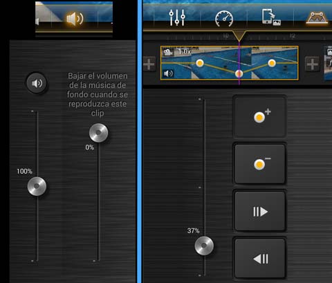 Posibilidades de tratar el audio de manera independiente en cada plano, en el editor de vídeo Kinemaster para Android