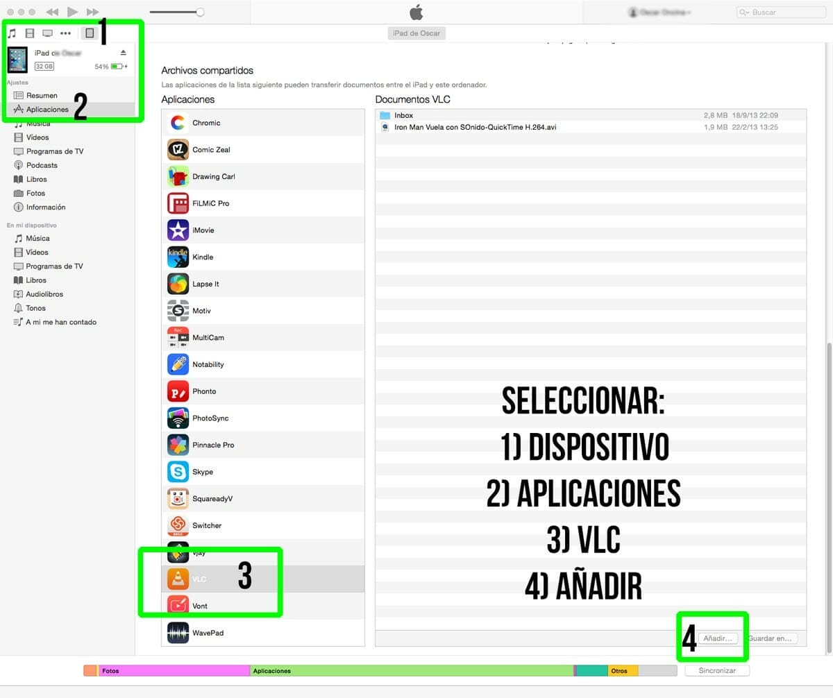 Ventana de sincronización de iTunes con VLC