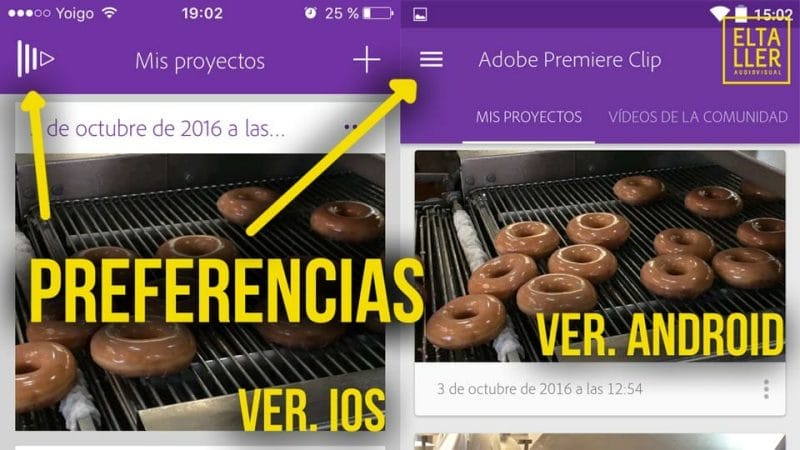 Los iconos de las preferencias en Adobe Premiere clip son diferentes en sus versiones de iOS y de Android