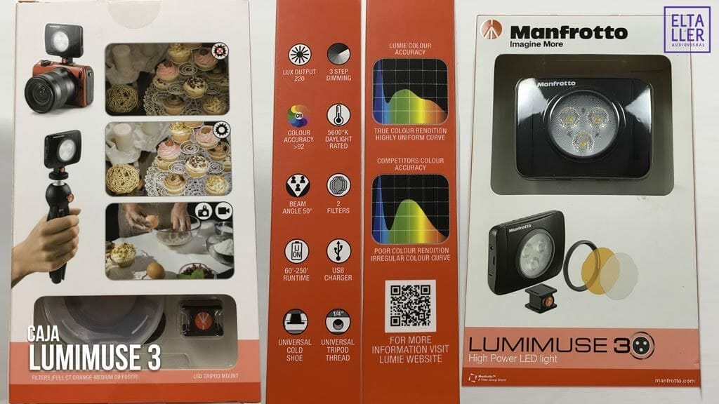 Foto de la caja de nuestro foco led LumiMuse 3 de Manfrotto