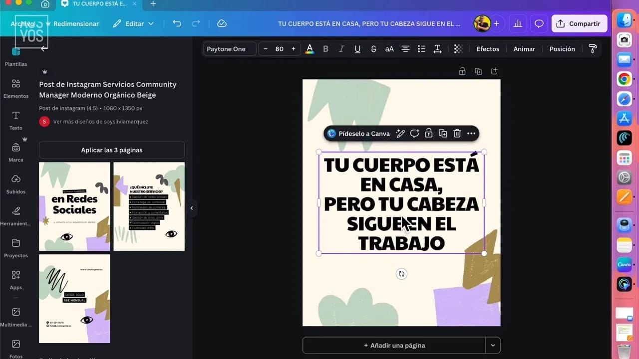 Pantalla de Canva con la frase principal en el centro y un menú flotante de edición sobre el subtítulo, indicando que se está ajustando el texto.
